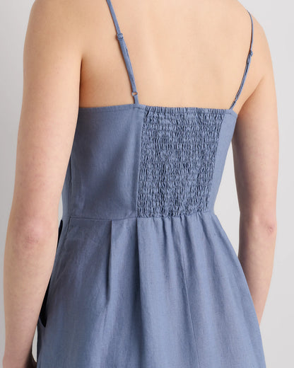 100% European Linen Scoop Neck Midi Dress - XS / Ivory Porcelain Blue Petite Floral