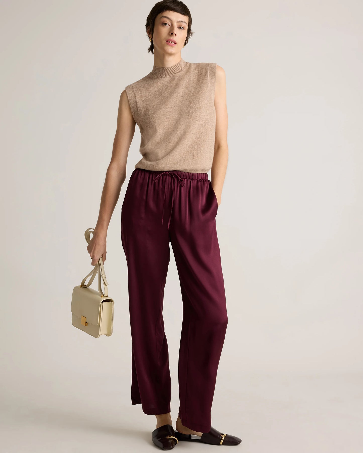 100% Washable Silk Drawstring Wide Leg Pants - XS / Champagne