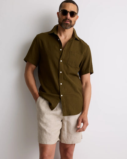 100% European Linen Drawstring Beach Shorts - 7" - XS / Taupe Brown Chambray