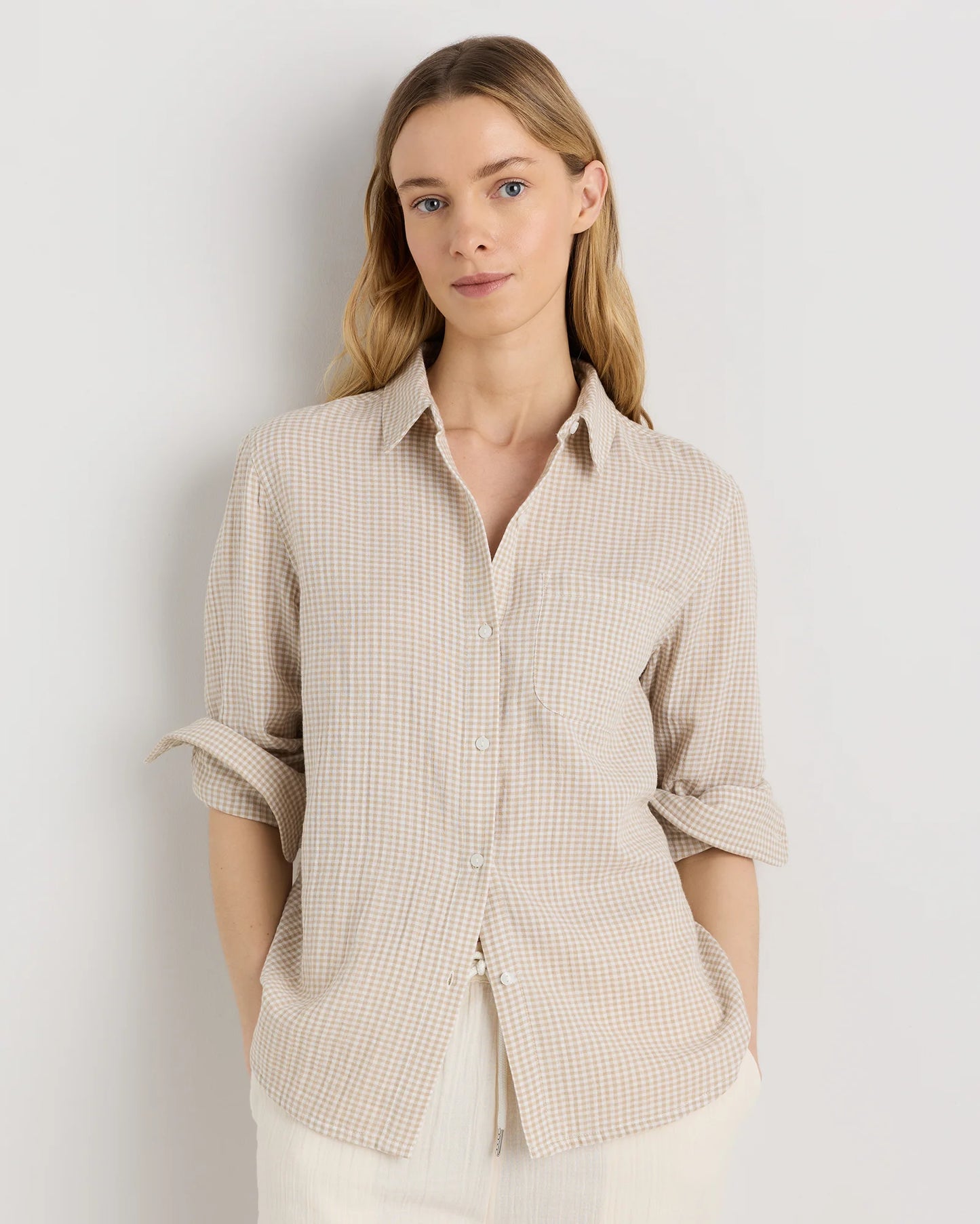 100% Organic Cotton Gauze Long Sleeve Shirt - XS / Khaki Gingham