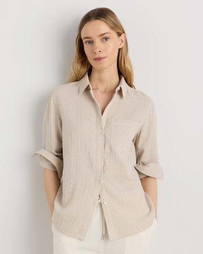 100% Organic Cotton Gauze Long Sleeve Shirt - XS / Khaki Gingham