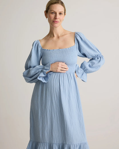 100% Organic Cotton Gauze Maternity Smocked Midi Dress - XS / Wild Cherry