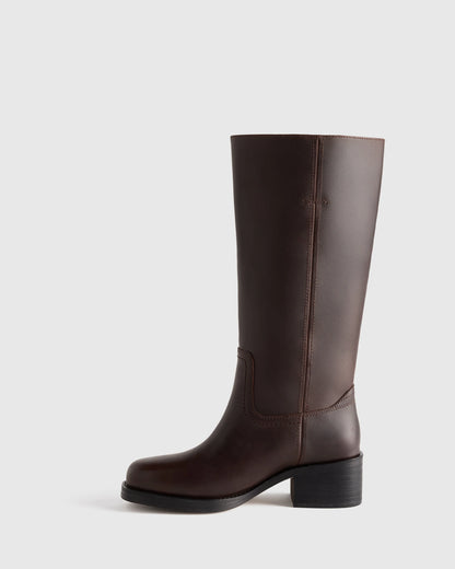 Italian Leather Block Heel Boot - 5 / Chestnut