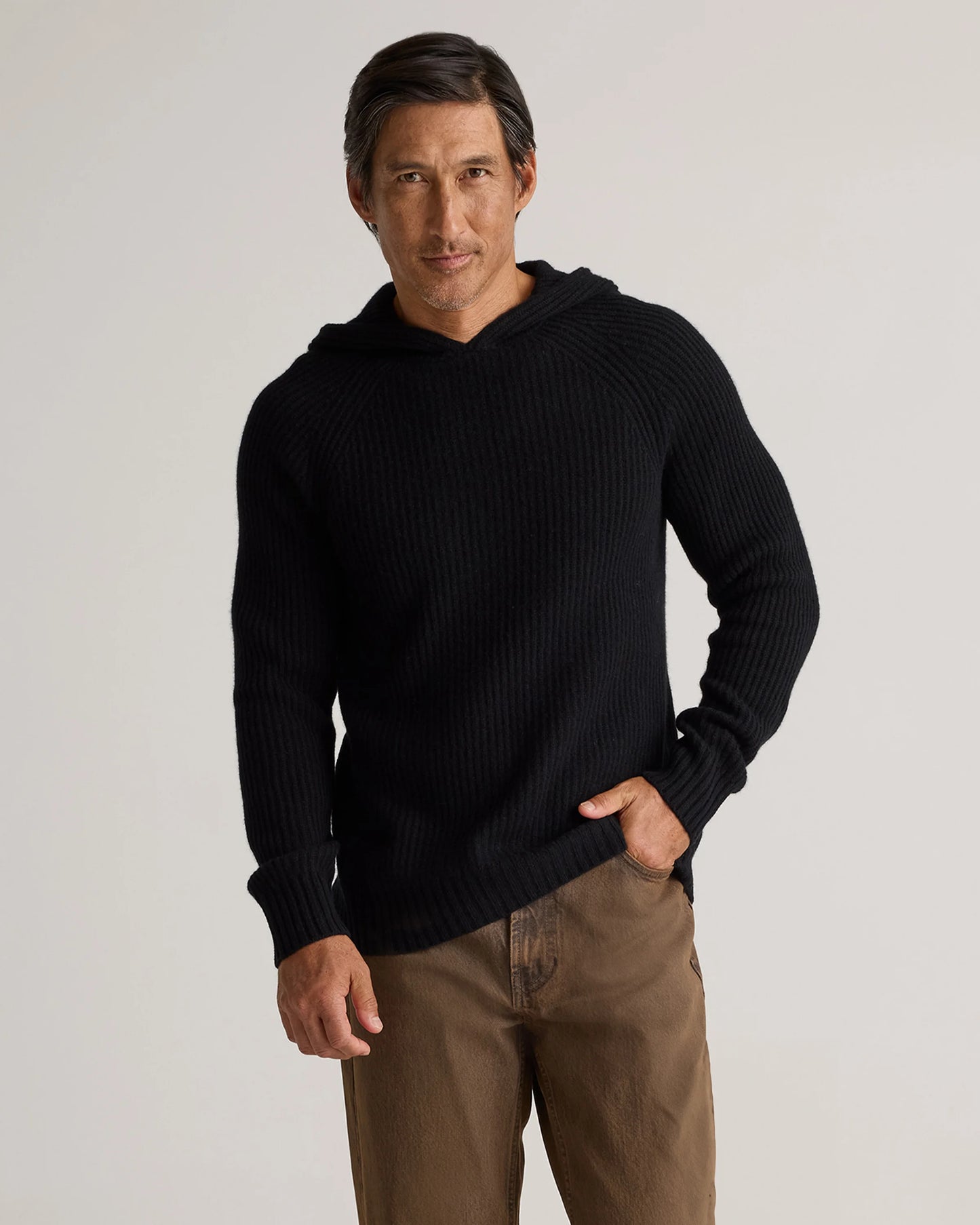 Mongolian Cashmere Fisherman Pullover Hoodie - S / Black