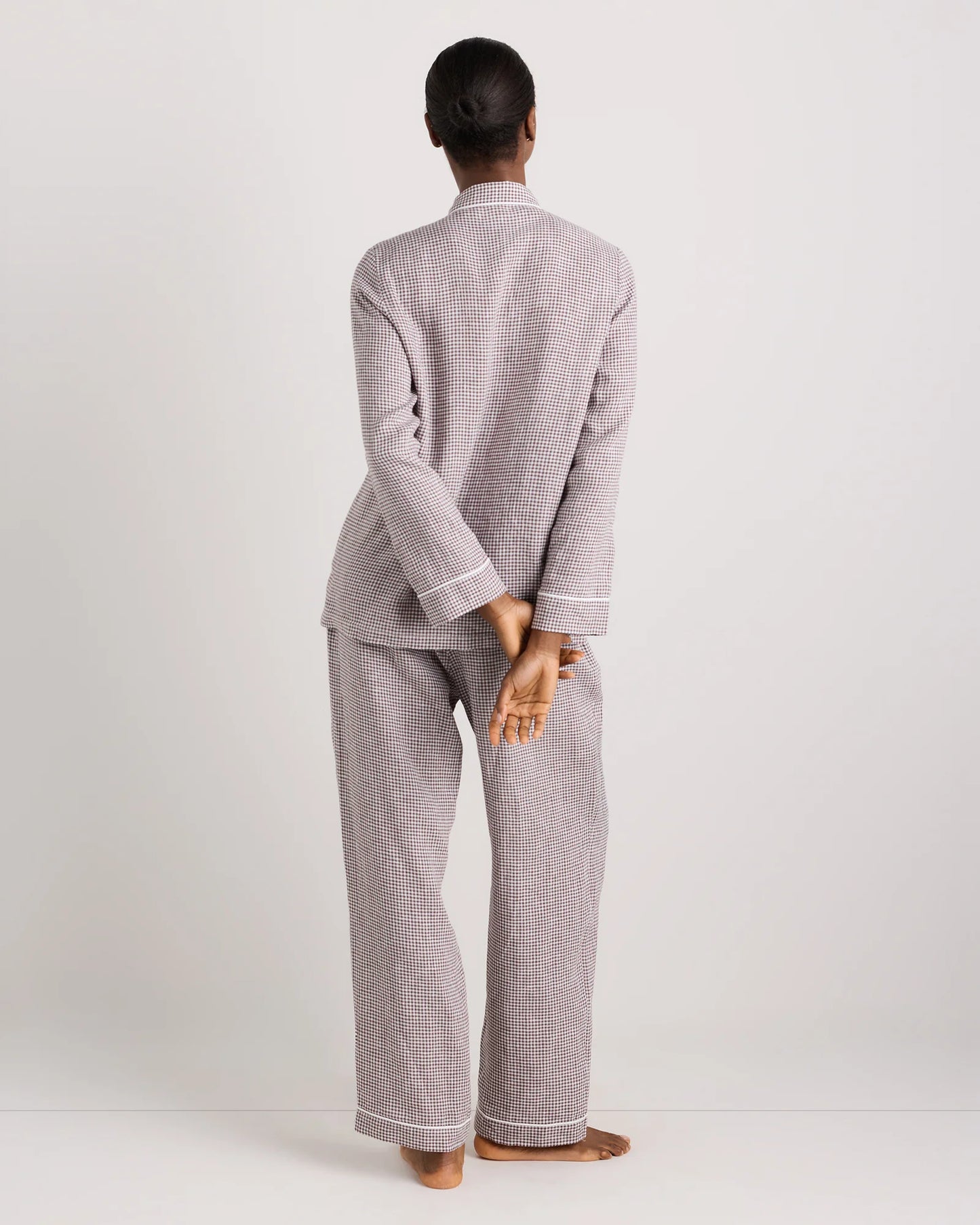 100% European Linen Long Sleeve Pajama Set with Piping - XS / Taupe Brown Gingham