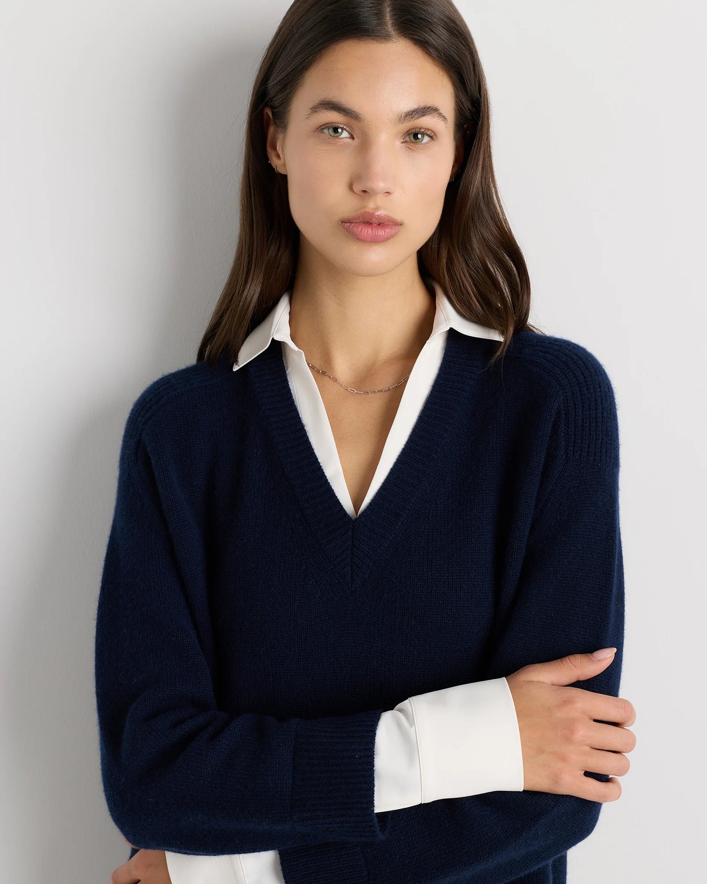 100% Mongolian Cashmere Layered V-Neck Sweater - XS / Ivory