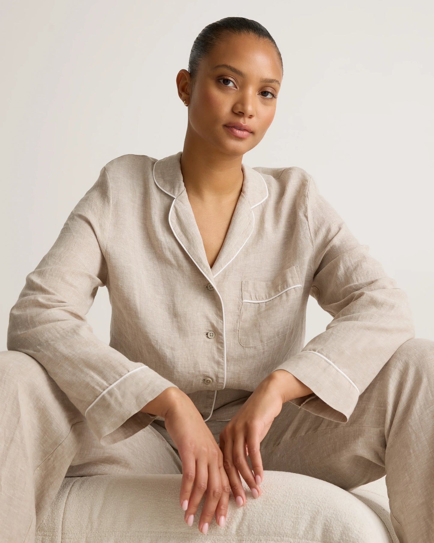 100% European Linen Long Sleeve Pajama Set with Piping - XS / Taupe Brown Gingham