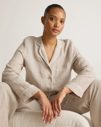 100% European Linen Long Sleeve Pajama Set with Piping - XS / Taupe Brown Gingham