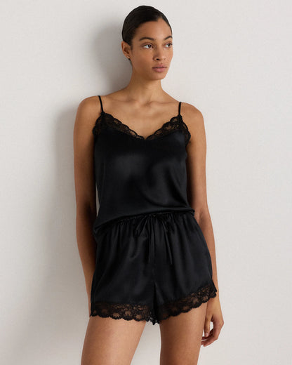 100% Washable Silk Satin Lace Pajama Shorts - XS / Black