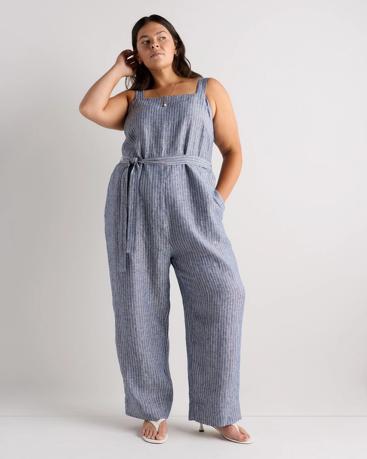 100% European Linen Square Neck Jumpsuit - 1X / Deep Navy