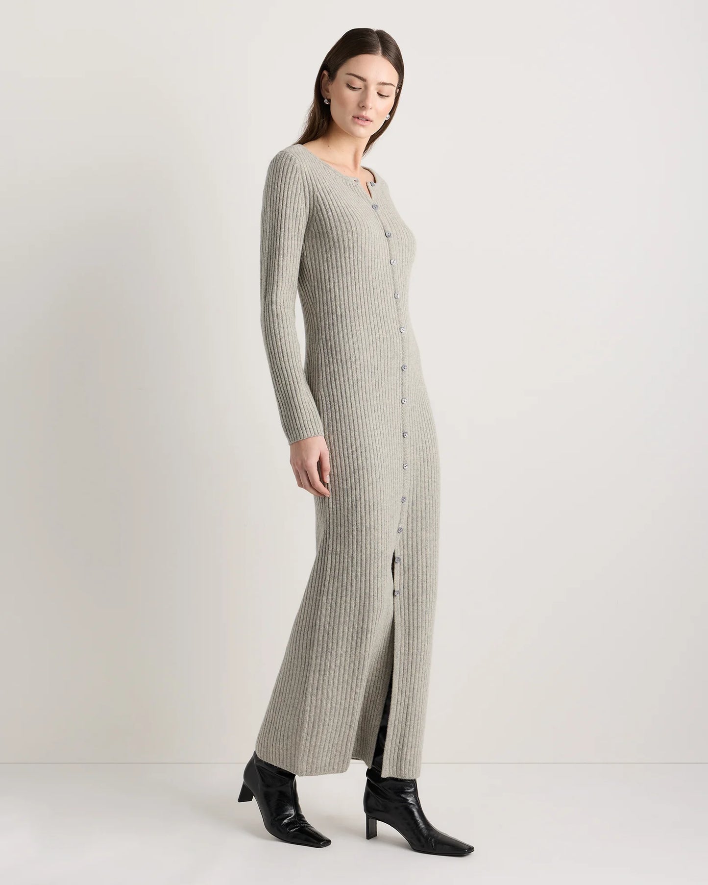 100% Yak Wool Ribbed Cardigan Sweater Dress - XS / Heather Brown