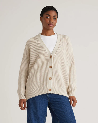100% Organic Cotton Oversized Boyfriend Cardigan - XS / Speckled Beige
