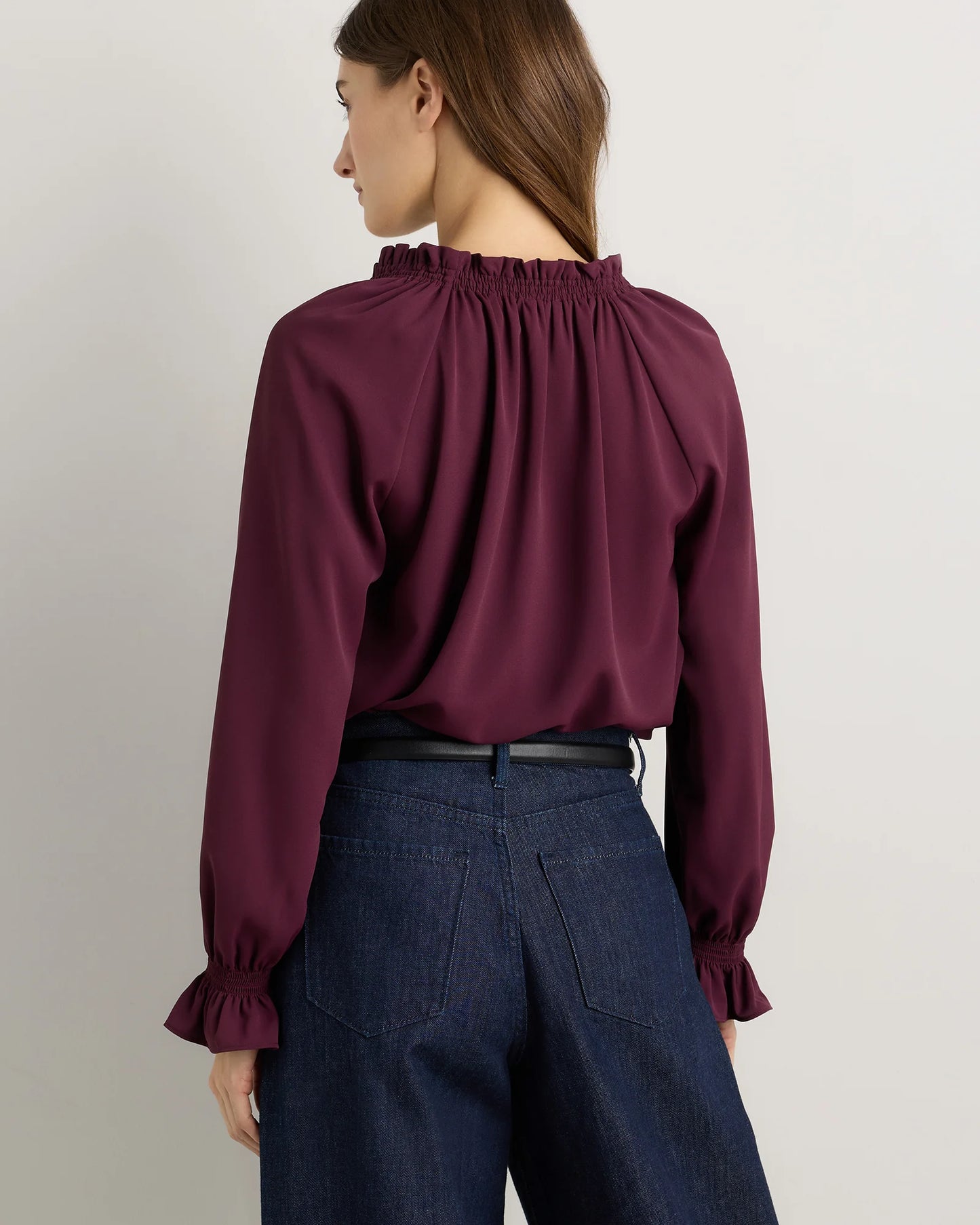 Drapey Chiffon Split Neck Long Sleeve Blouse - XS / Barolo Burgundy