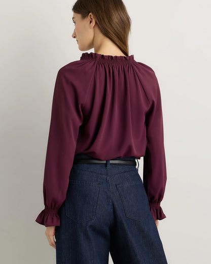Drapey Chiffon Split Neck Long Sleeve Blouse - XS / Barolo Burgundy