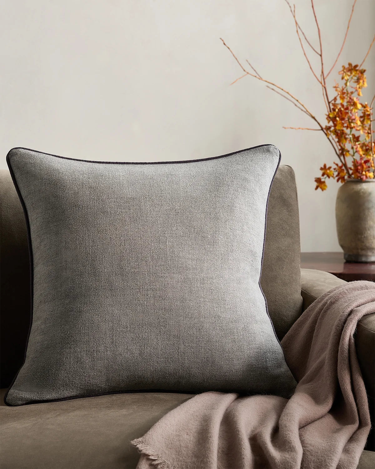 Contrast Piped Wool Pillow Cover - 20x20 / Brick Red/Espresso