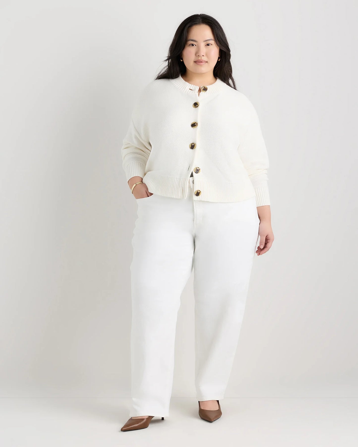 100% Organic Cotton Cropped Cardigan - 1X / Speckled Beige