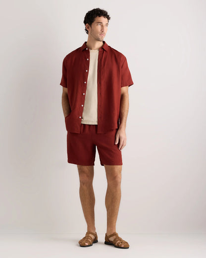 100% European Linen Drawstring Beach Shorts - 7" - XS / Taupe Brown Chambray