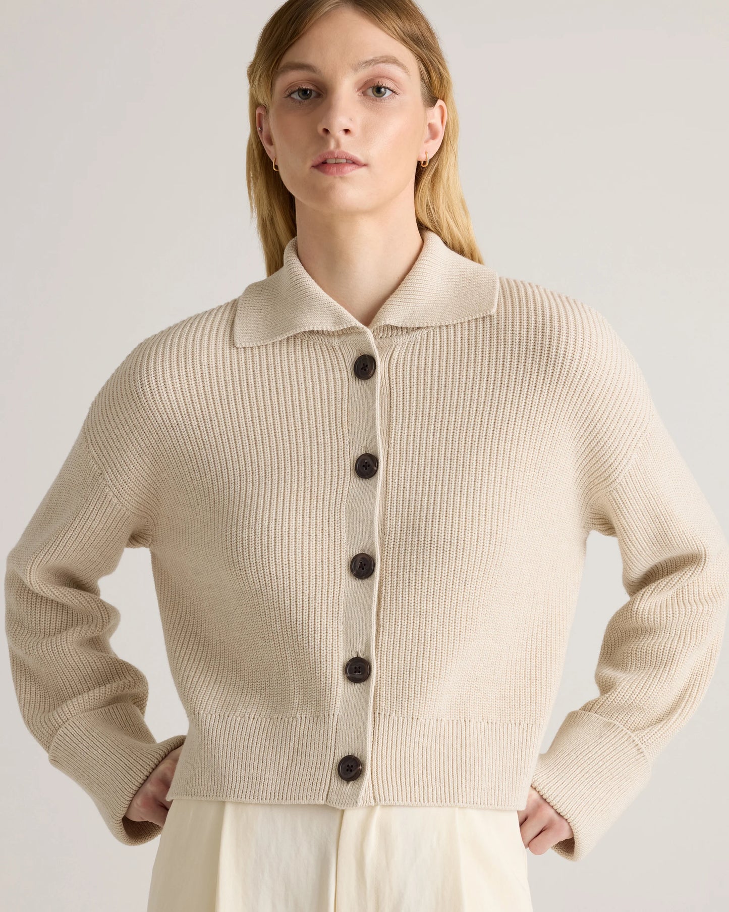 100% Organic Cotton Fisherman Collared Cardigan - XS / Heather Dove Grey