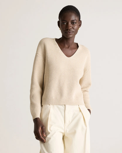 100% Organic Cotton Fisherman V-Neck Sweater - XS / Heather Brown