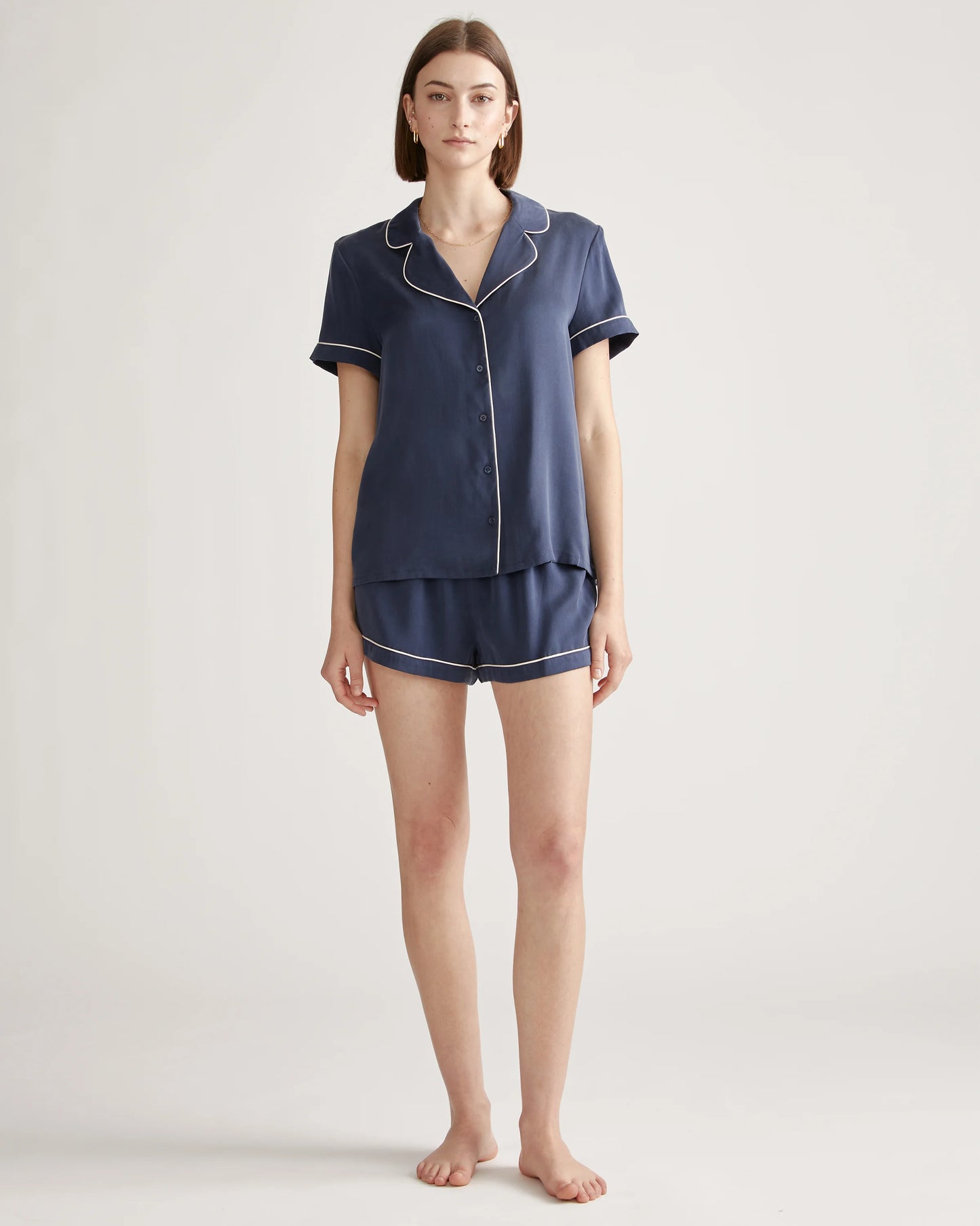 100% Washable Silk Pajama Short with Piping - XS / Indigo
