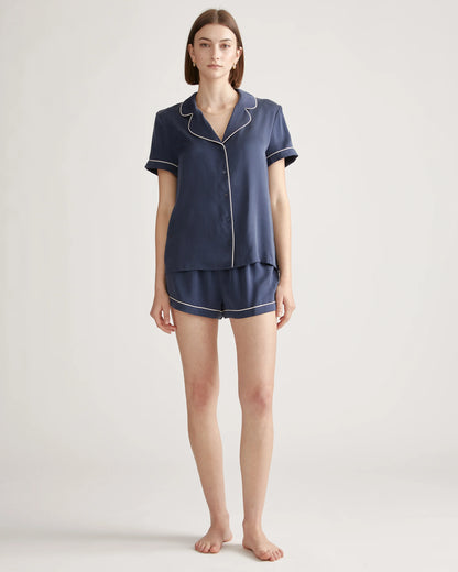 100% Washable Silk Pajama Short with Piping - XS / Indigo