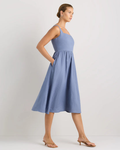 100% European Linen Fit & Flare Midi Dress - XS / Brick Red Heirloom Floral