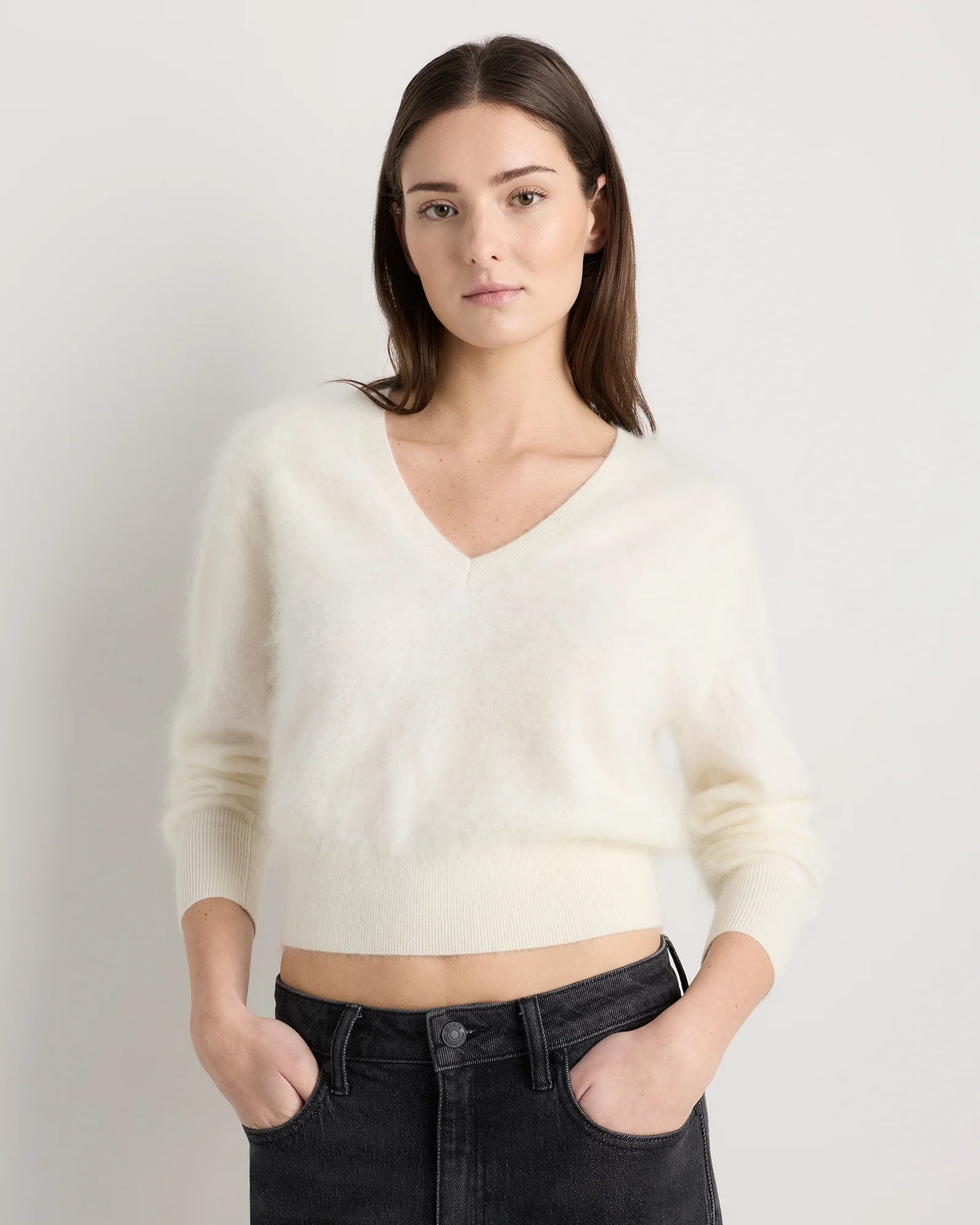 Brushed Cashmere Shrunken V-Neck Sweater - XS / Heather Grey
