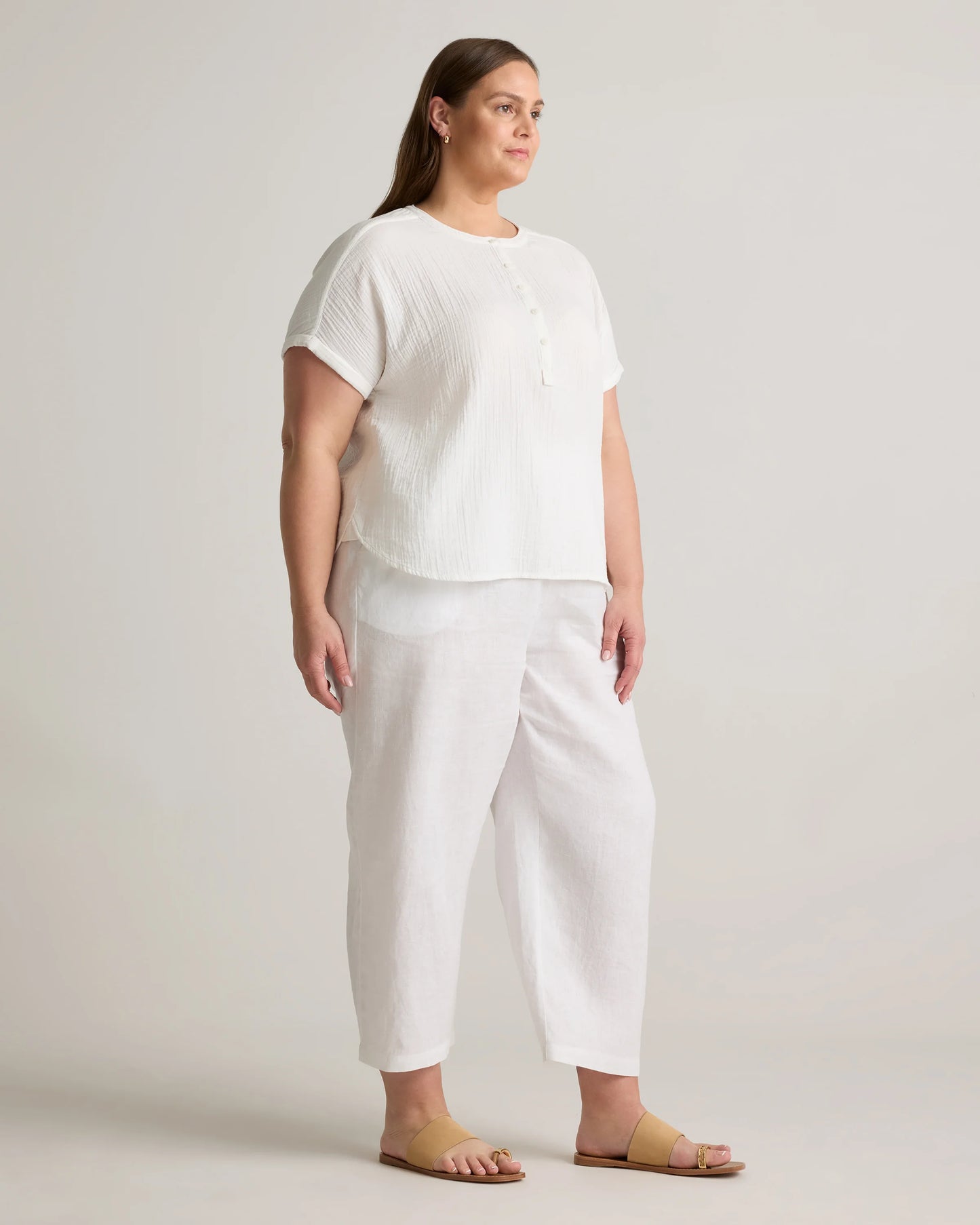 100% Organic Cotton Gauze Roll Sleeve Shirt - 1X / White