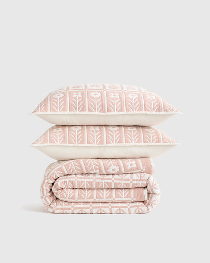 Organic Cotton Jacquard Floral Coverlet Set - Twin / Blue Fog