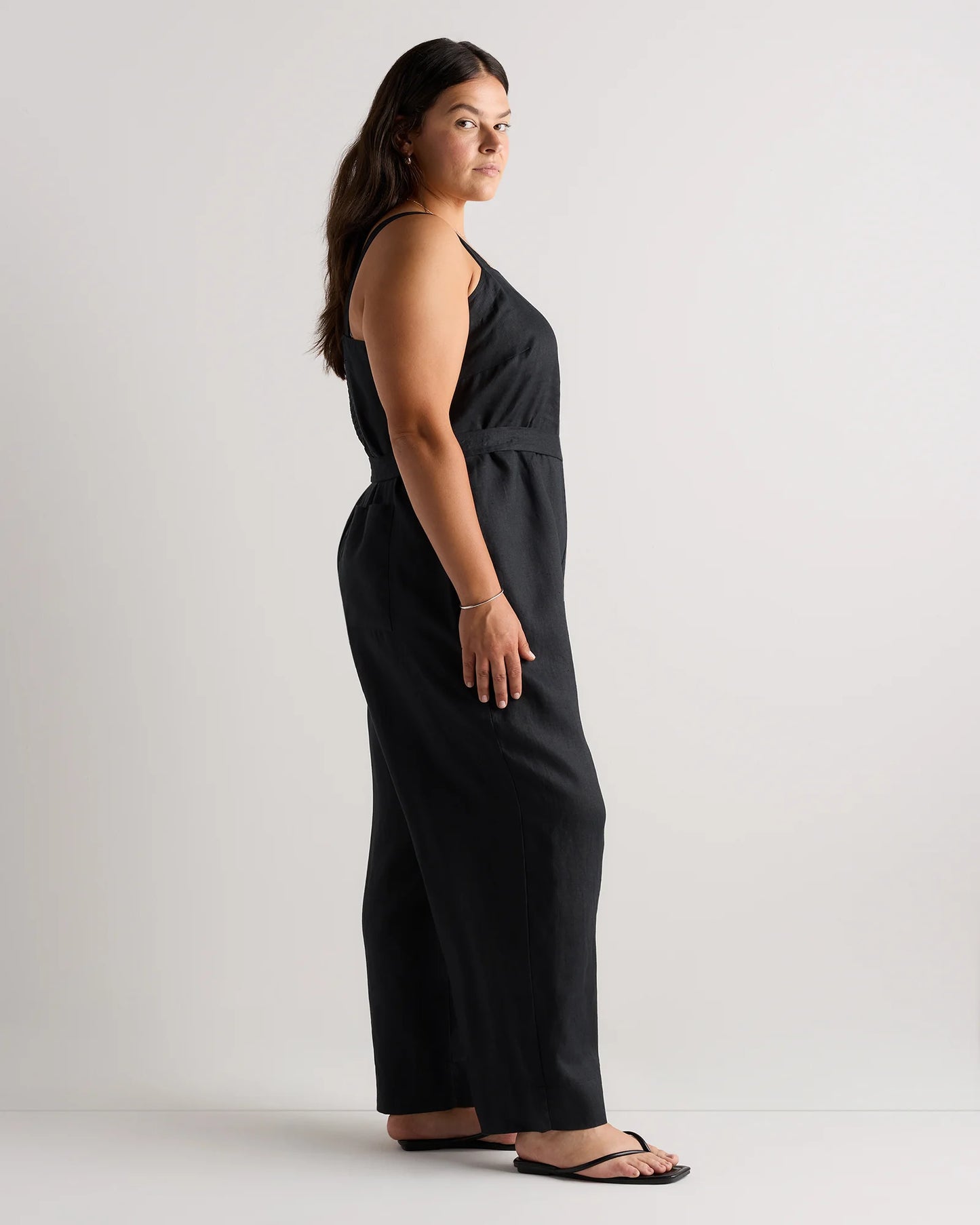100% European Linen Square Neck Jumpsuit - 1X / Deep Navy
