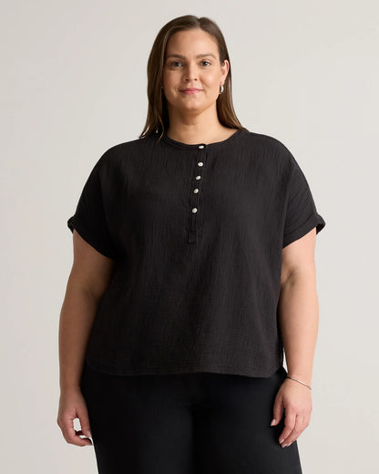 100% Organic Cotton Gauze Roll Sleeve Shirt - 1X / White
