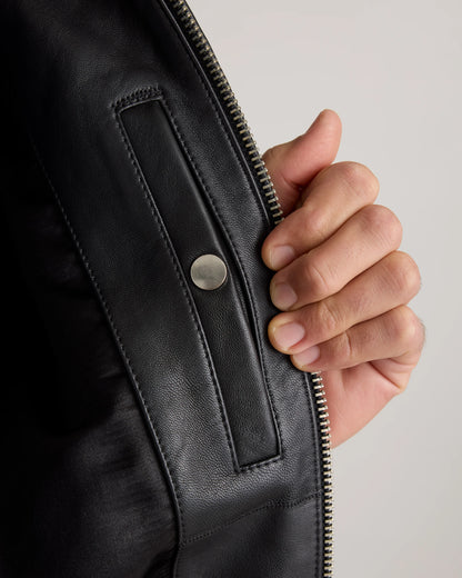 100% Washed Leather Bomber Jacket - S / Black
