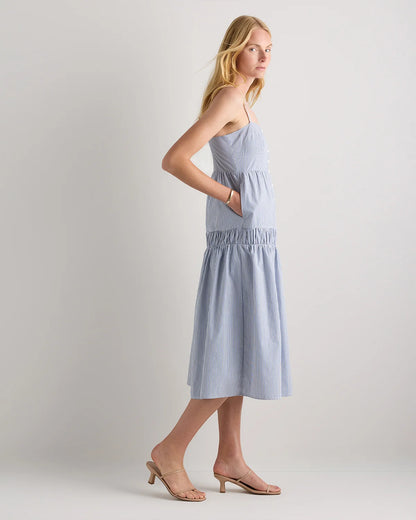 100% Organic Cotton Poplin Spaghetti Strap Maxi Dress - XS / Light Blue Stripe