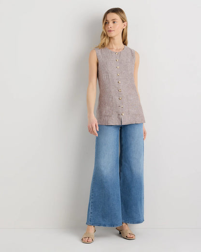100% European Linen Longline Vest - XS / Taupe Brown Chambray