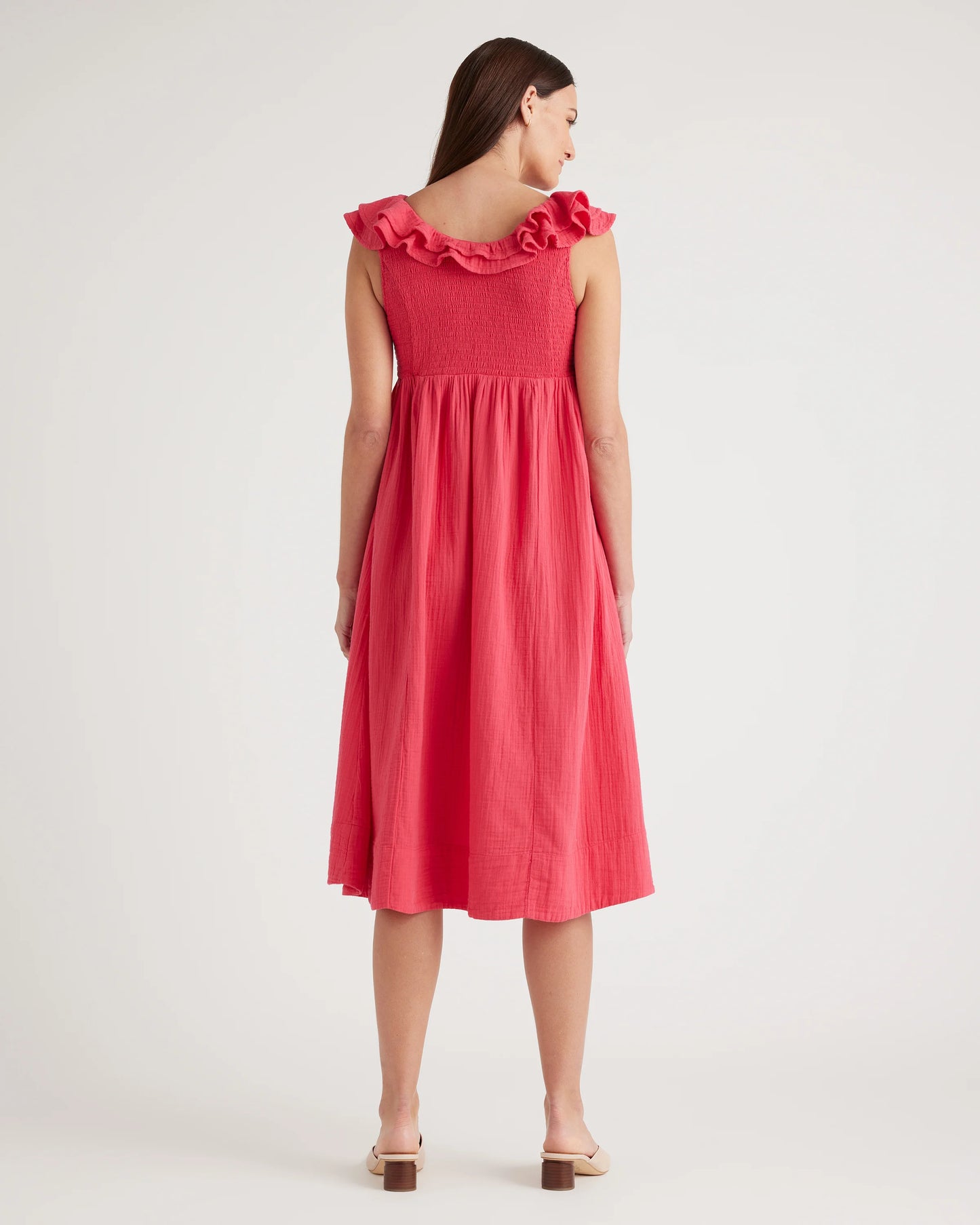 Organic Cotton Gauze Maternity Ruffle Front Dress - XS / Hot Pink