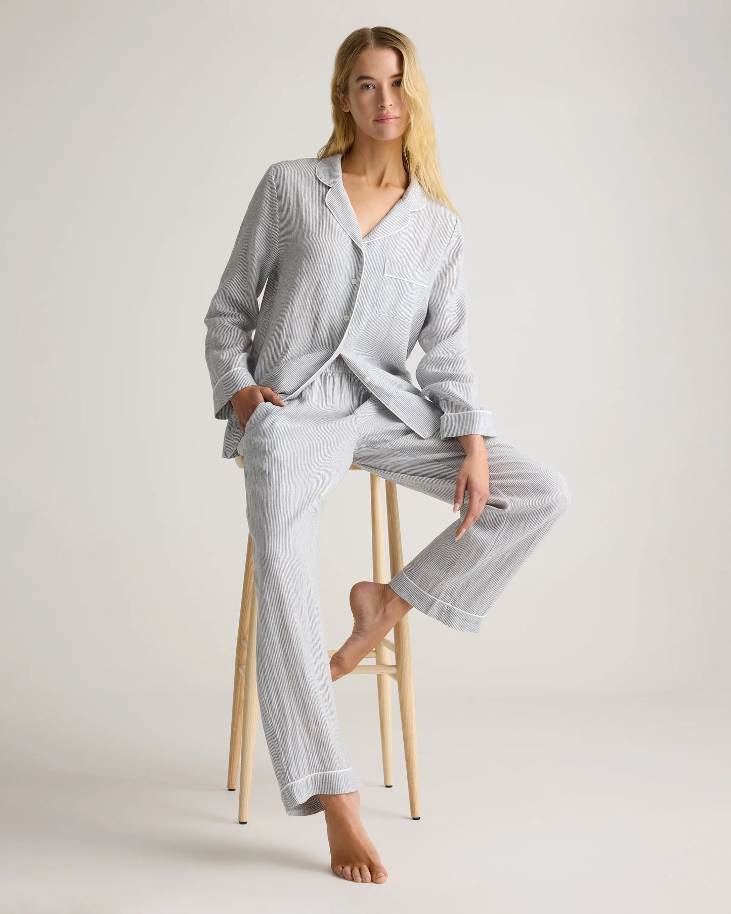 100% European Linen Long Sleeve Pajama Set with Piping - XS / Taupe Brown Gingham