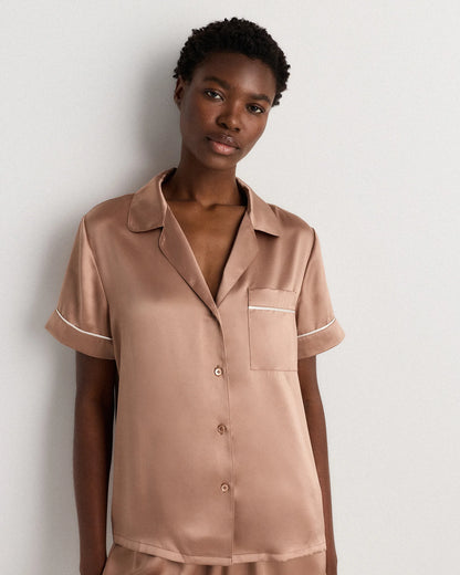 100% Washable Silk Satin Short Sleeve Pajama Top - XS / Tiny Diamonds