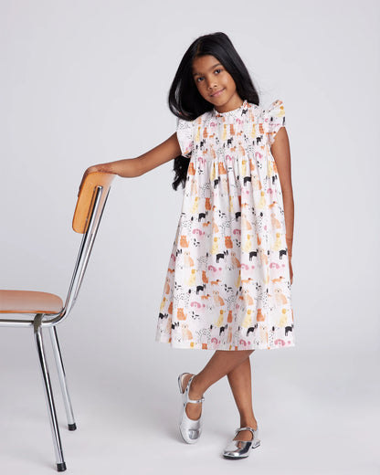 100% Organic Cotton Poplin Smocked Flutter Sleeve Dress - 6 / Blue Ditsy Floral