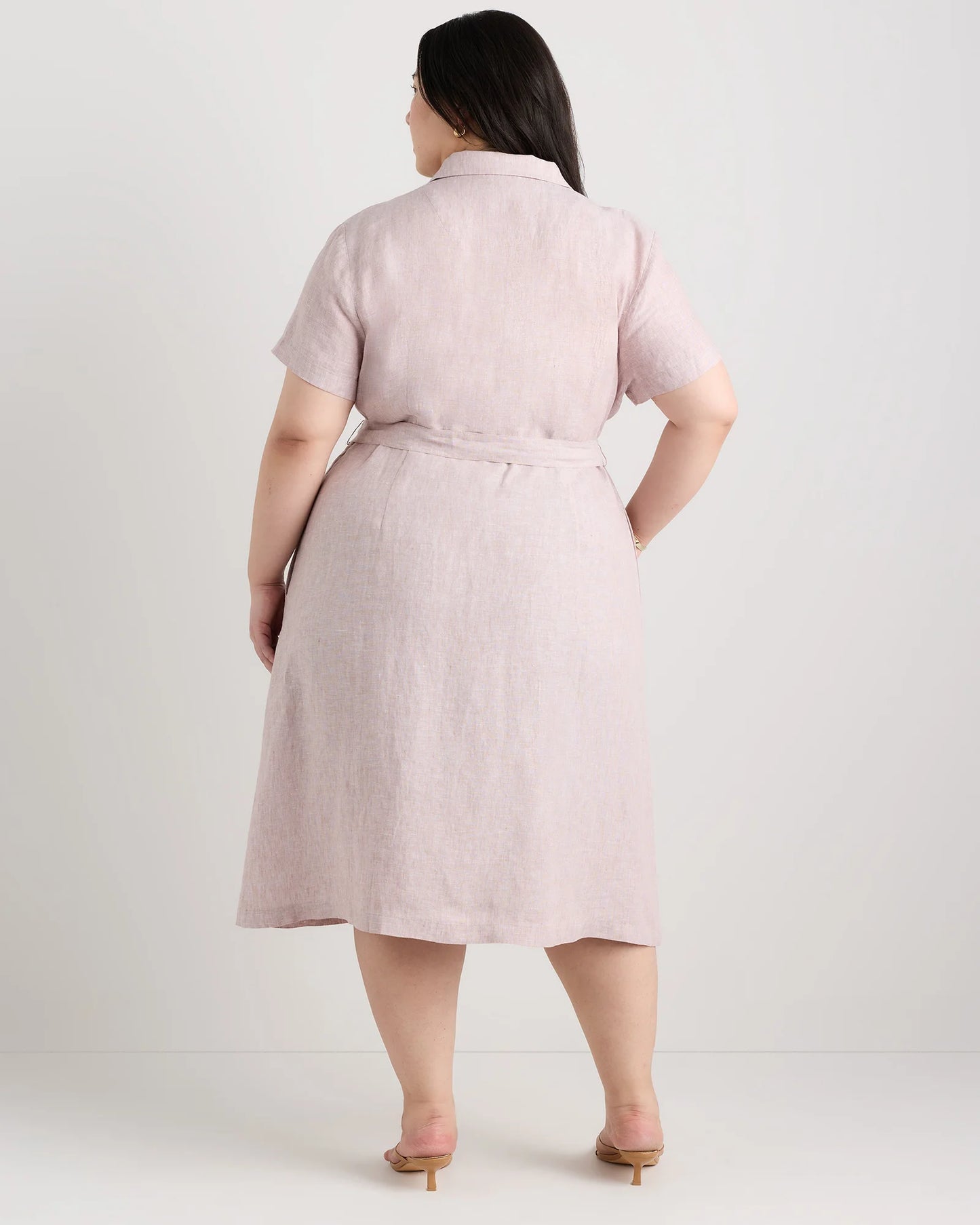 100% European Linen Button Front Dress - 1X / Blue Pinstripe