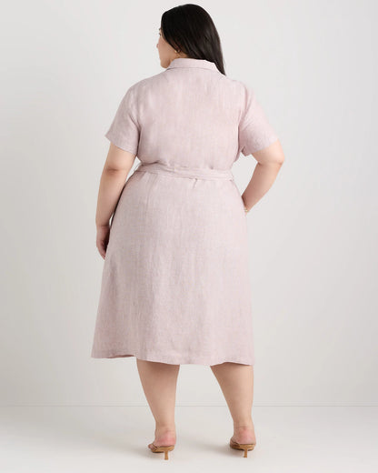 100% European Linen Button Front Dress - 1X / Blue Pinstripe
