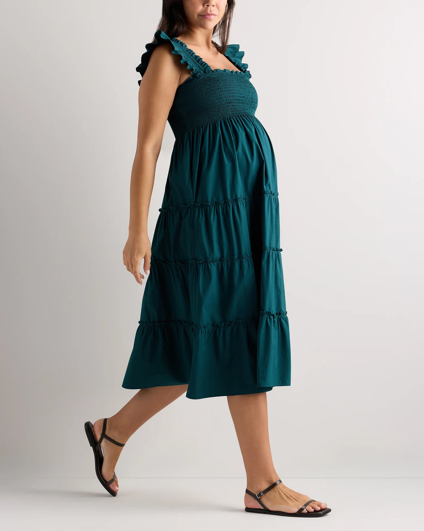 100% Organic Cotton Poplin Maternity Smocked Midi Dress - XS / Classic White