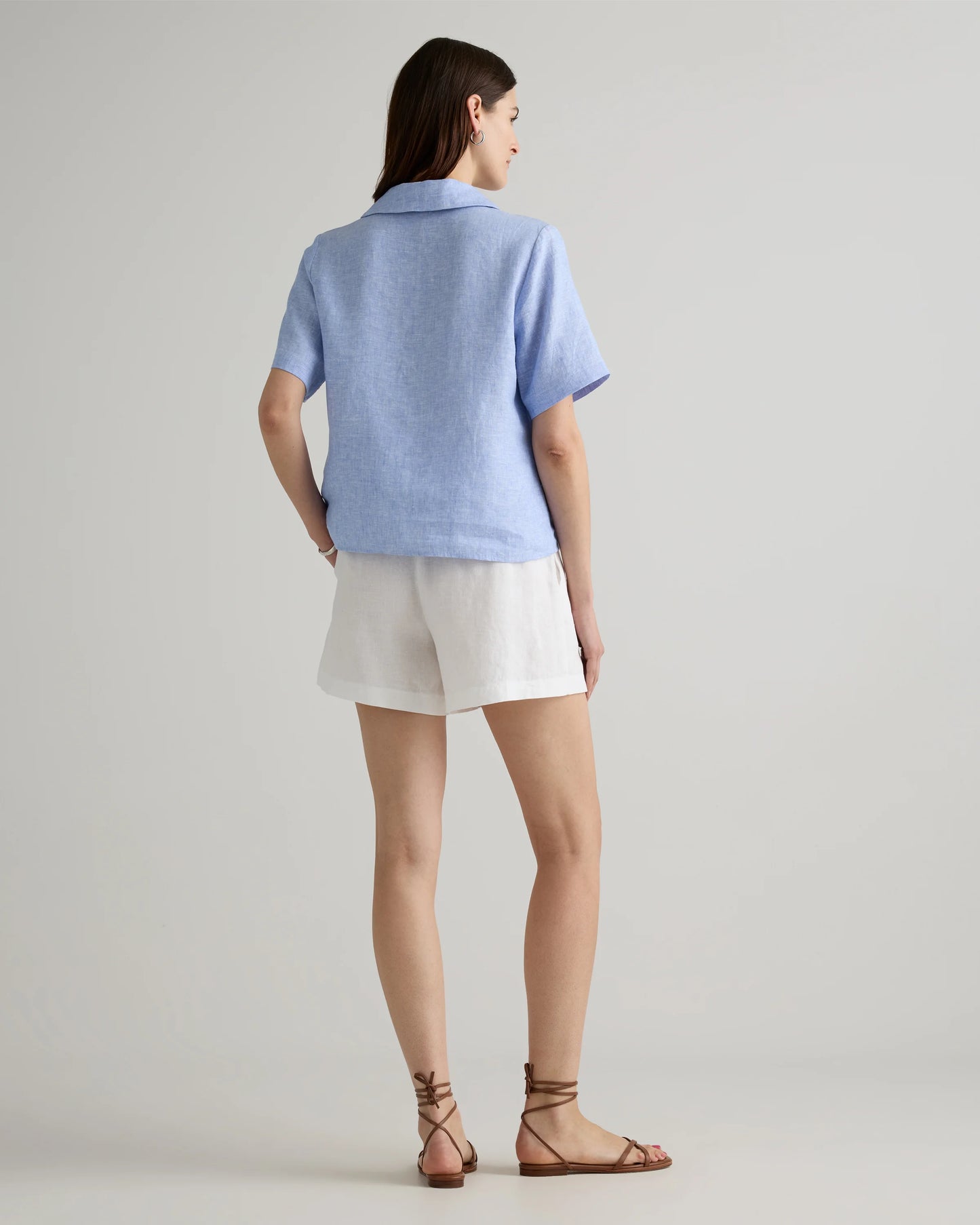 100% European Linen Short Sleeve Popover Top - XS / Blue Pinstripe