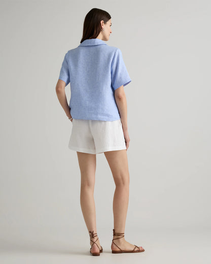 100% European Linen Short Sleeve Popover Top - XS / Blue Pinstripe
