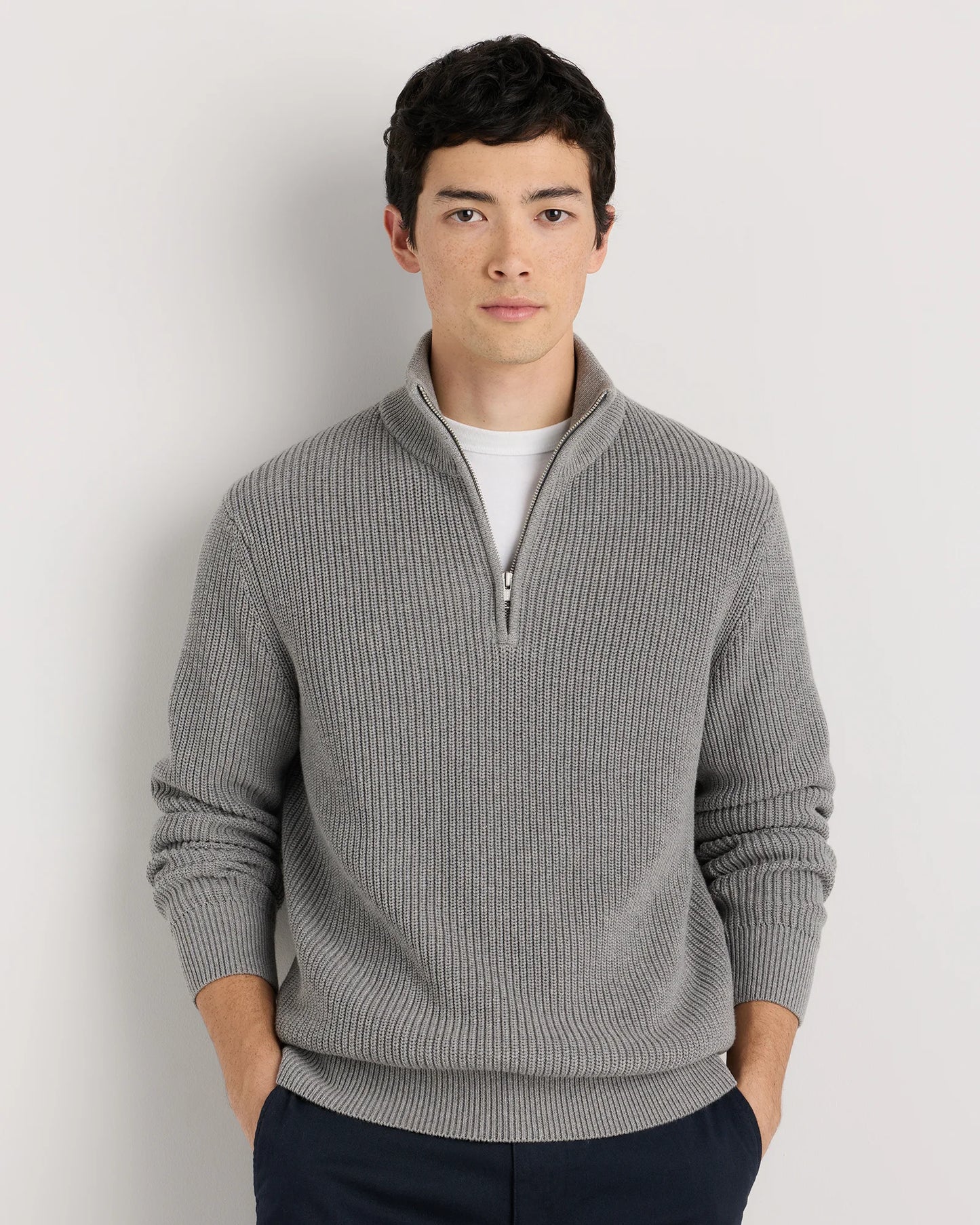 100% Organic Cotton Ribbed Quarter-Zip Sweater - S / Navy