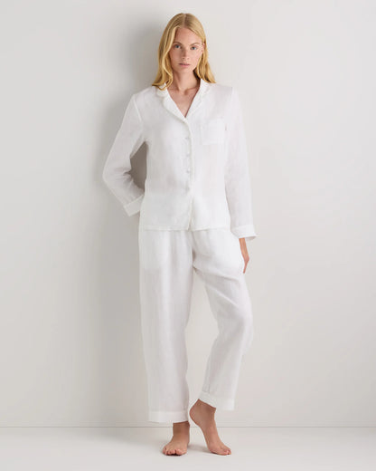100% European Linen Long Sleeve Pajama Set with Piping - XS / Taupe Brown Gingham