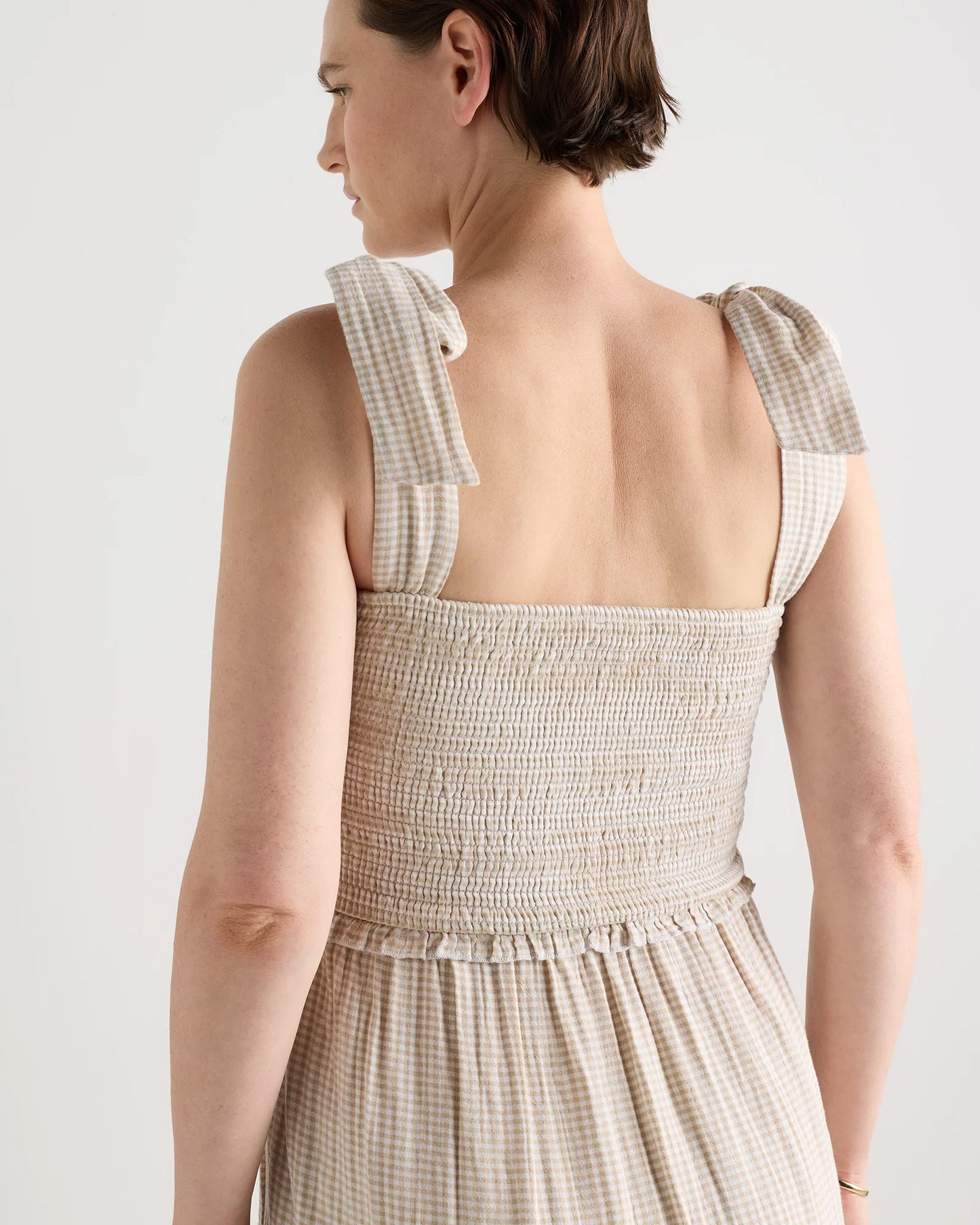 100% Organic Cotton Gauze Smocked Sleeveless Midi Dress - XS / Khaki Gingham