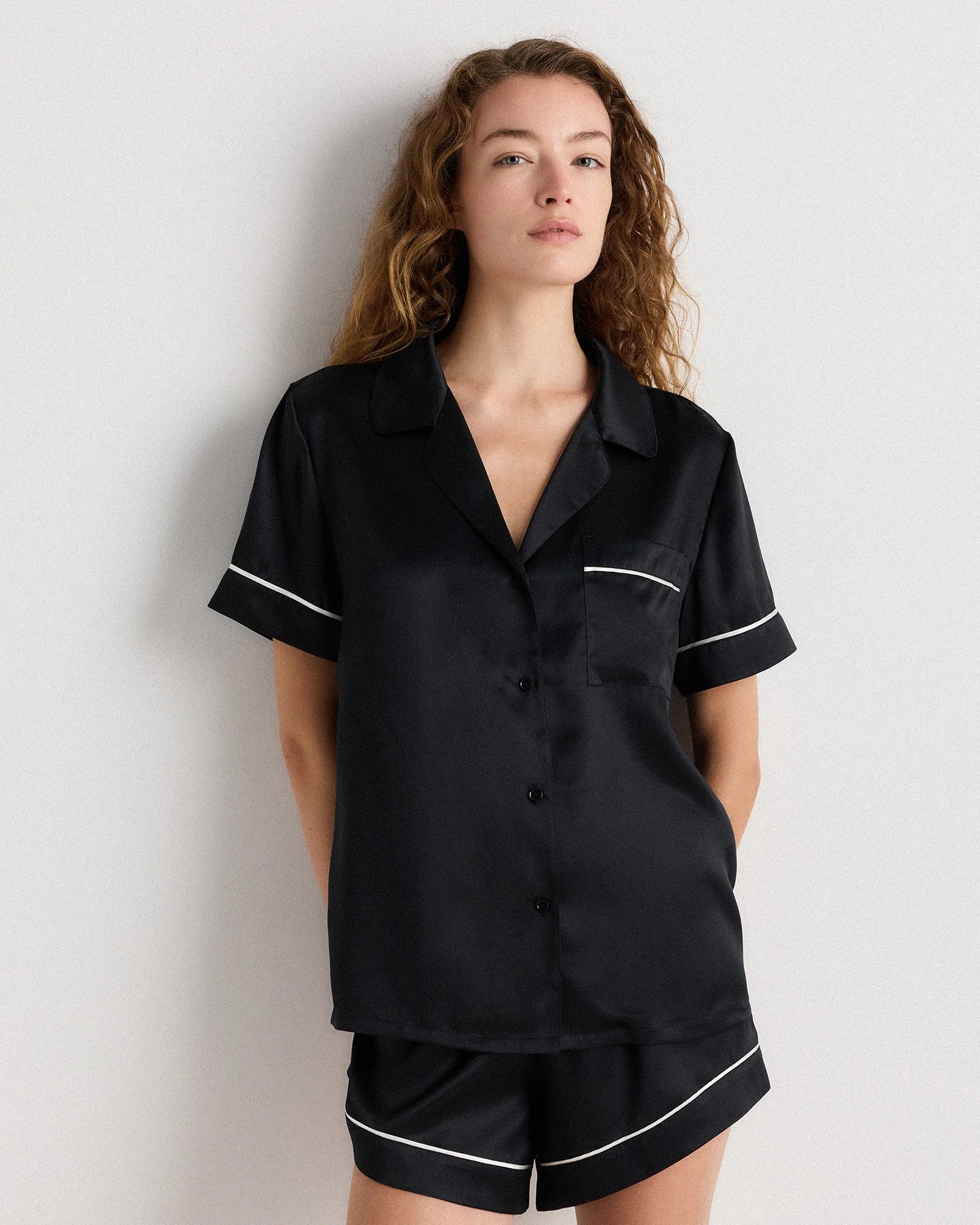 100% Washable Silk Satin Short Sleeve Pajama Top - XS / Tiny Diamonds