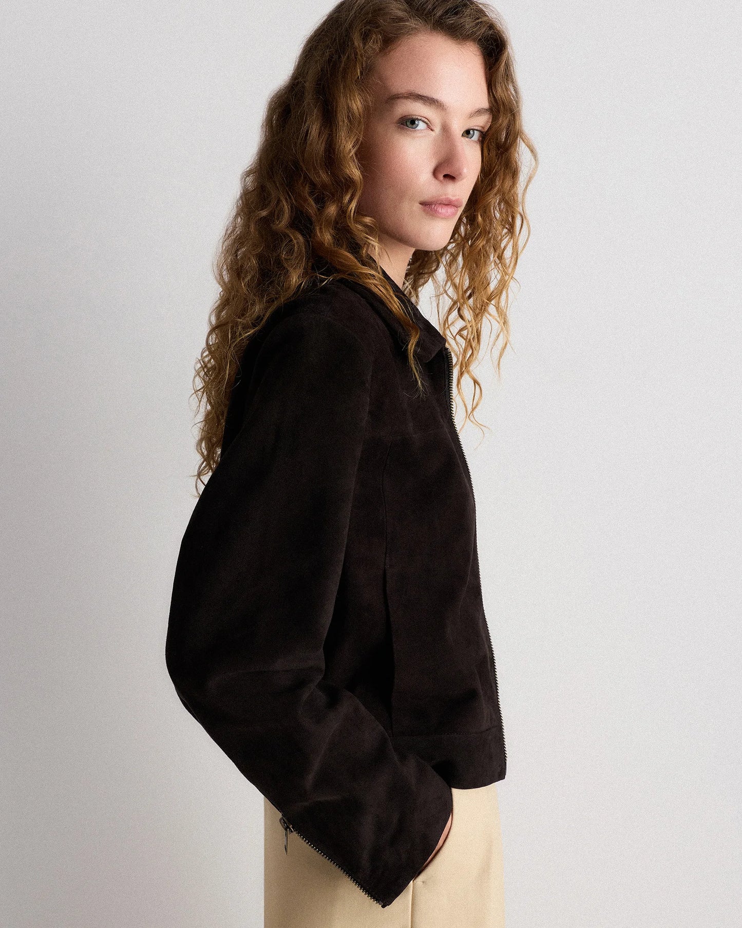 100% Suede Cropped Zip-Front Jacket - XS / Light Sand Beige