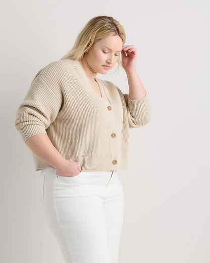 100% Organic Cotton Fisherman Boxy Cropped Cardigan - 1X / Black