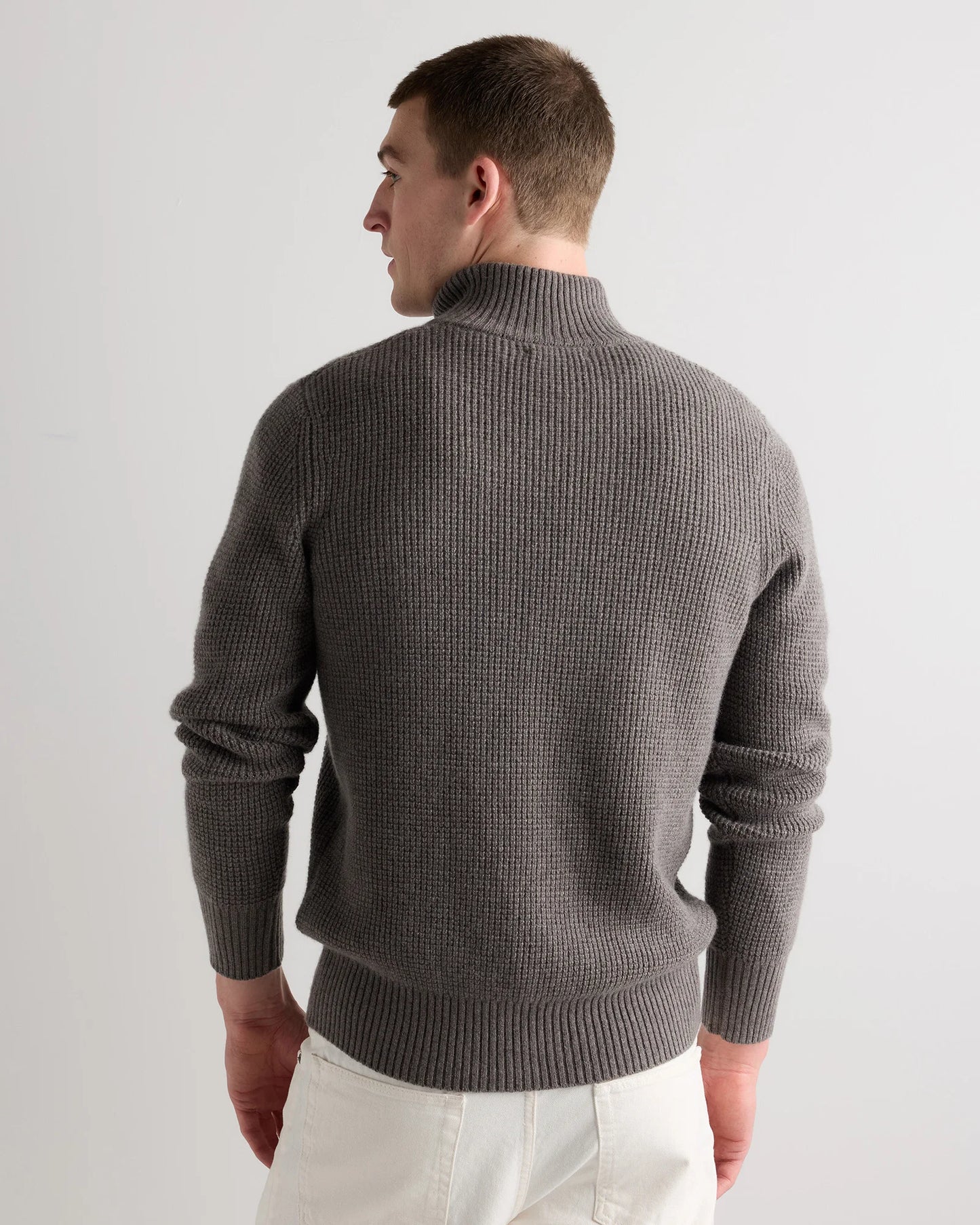 Mongolian Cashmere Waffle Quarter Button Sweater - S / Elk Brown